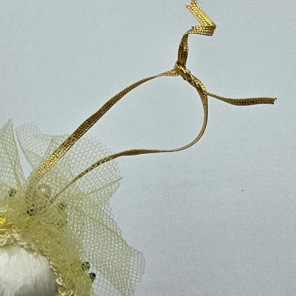 Vintage Handmade Yellow Satin‎ Push Pin Christmas Ornament with Ribbon Beads